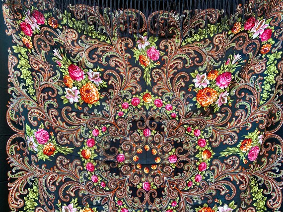 Ukrainian big Black piano shawl - Russian floral … - image 4