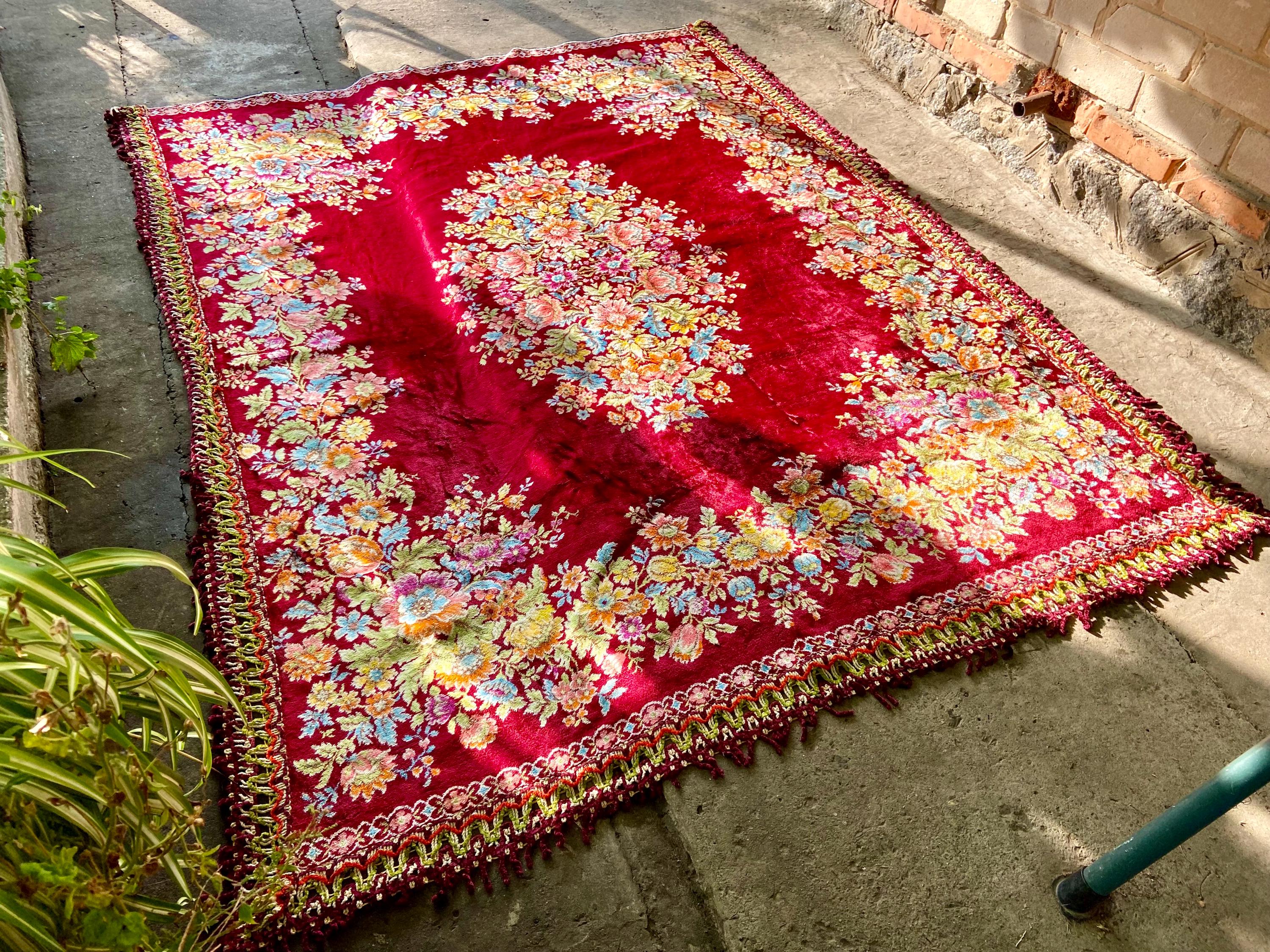 70s Very Big Italian Velvet Thin Rug, Vintage Velor Sofa Cover