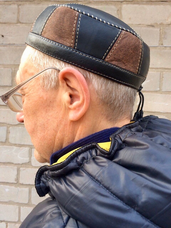 men/'s kufi black yarmolka men/'s kippah muslim black and brown Kufi leather \u041dandmade hat big size