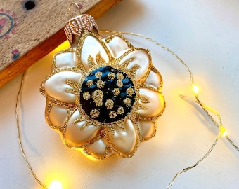 Ukrainian Sunflower glass ornament for Christmas tree - golden hand-painted ornament glass hand blown collectible Ukraine New Year&#39;s decor
