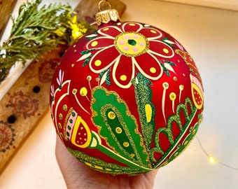 BIG Ukrainian Christmas hand-painted hand-blown glass ornaments, folk art ball ornament, Ukraine souvenirs gift, Slavic New Year's decor