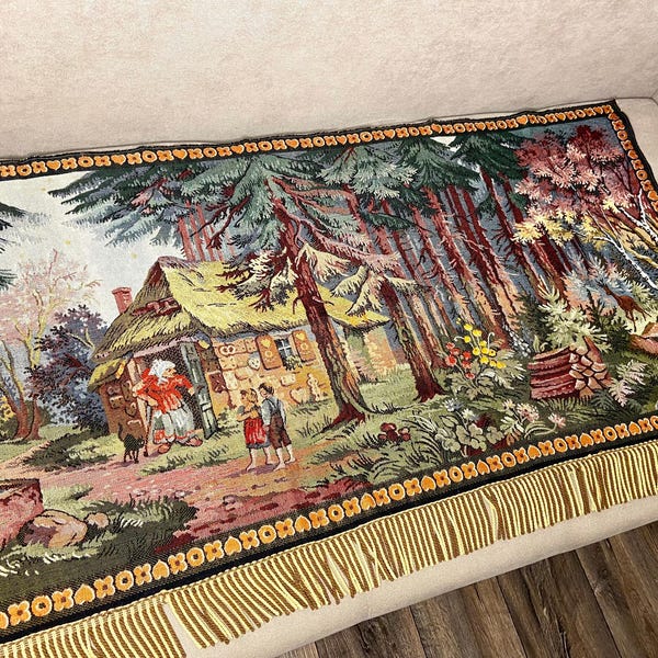 50s Vintage German cotton wall hanging tapestry fairy tale Hansel and Grettel, russian tapestry, gdr soviet rug, brothers Grim, Baba Yaga