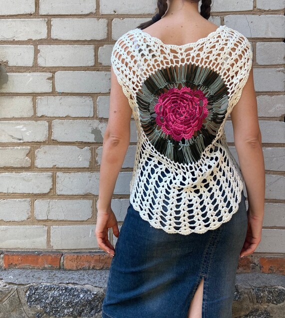 90s Floral white crochet lace tunic, Retro USSR k… - image 7