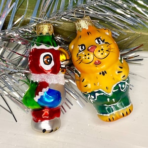 Adornos navideños soviéticos con el loro Kesha y el gato naranja, adornos de cristal ucranianos pintados a mano, dibujos animados rusos antiguos, попугай Кеша