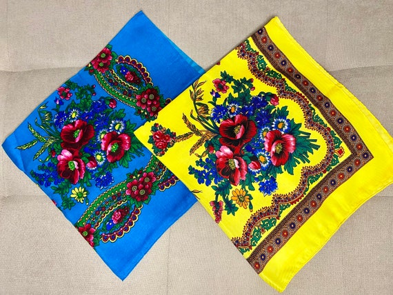 Women Ukrainian yellow blue floral Slavic bandana… - image 1