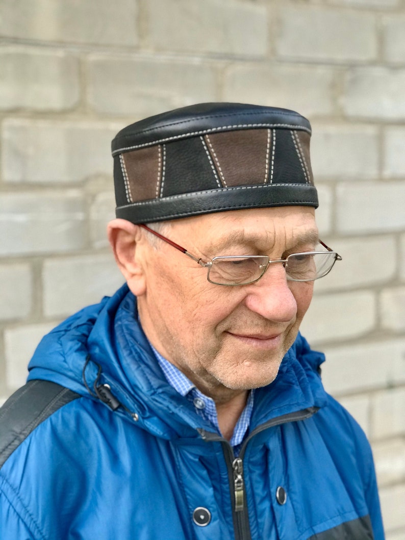 men/'s kufi black yarmolka men/'s kippah muslim black and brown Kufi leather \u041dandmade hat big size