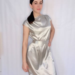 Evening satin dress silver 1980s USSR, vintage party S size, ukrainian store, ukrainian seller
