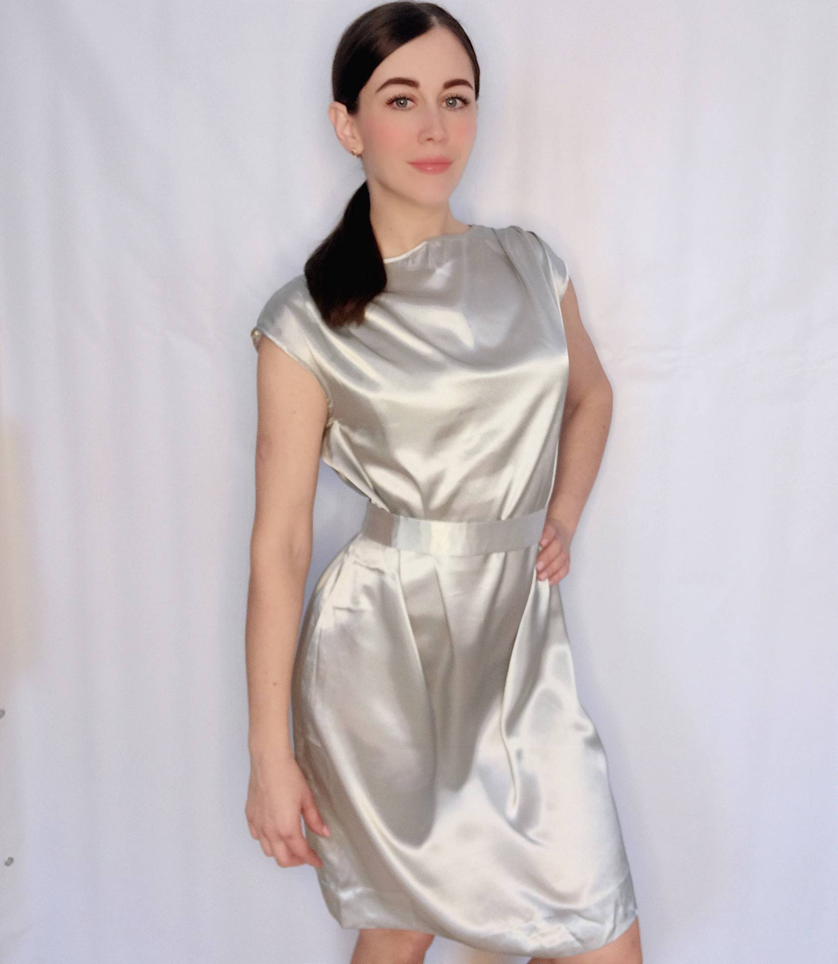 Evening satin dress silver 1980s USSR, vintage party S size, ukrainian store, ukrainian seller