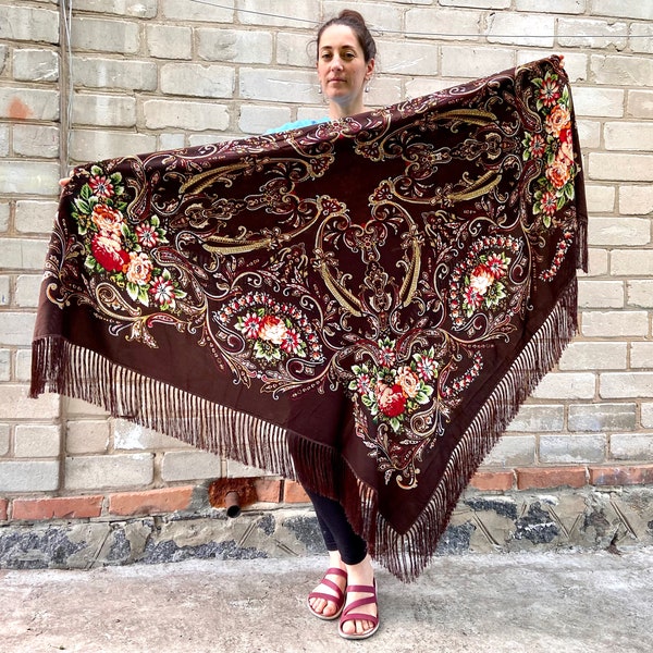 Ukrainian big Black piano shawl - Russian floral wool scarf - folk shawl fringed kokum scarf Ukraine Gift for mom flamenco scarf