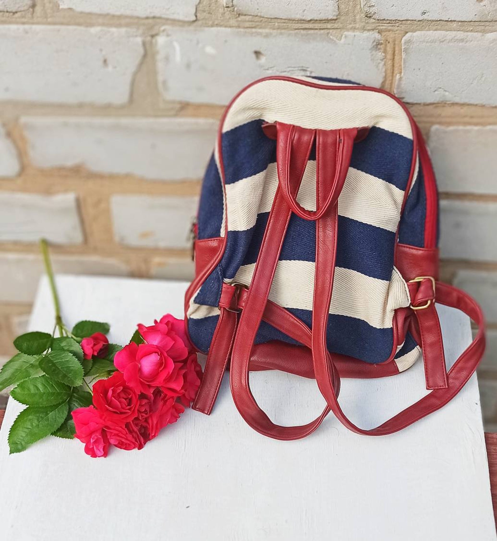 Vintage 80s backpack fabric backpack vintage sea style Etsy