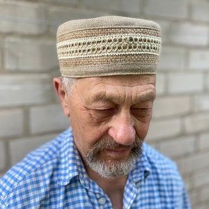 Kufi 100% linen & hemp Man, boy soft summer kippah Big muslim Hat Cap african beige ethnic hat skullcap tubeteika topi image 3