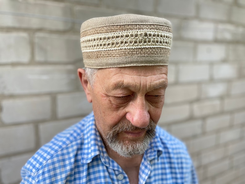 Kufi 100% linen & hemp Man, boy soft summer kippah Big muslim Hat Cap african beige ethnic hat skullcap tubeteika topi image 3