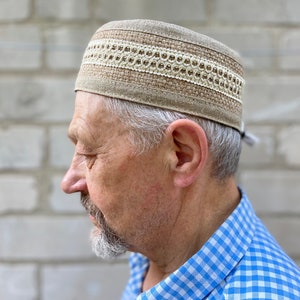 Kufi 100% linen & hemp Man, boy soft summer kippah Big muslim Hat Cap african beige ethnic hat skullcap tubeteika topi image 2