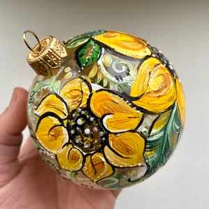 Ukrainian hand-painted Christmas ornaments, Ukrainian Sunflower glass ball yellow blue ornament, hand blown Ukraine New Year&#39;s decor