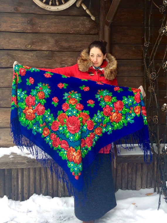 Bohemian big vintage blue shawl - Ukrainian romani