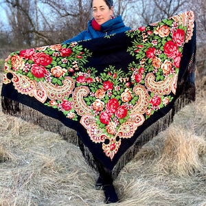 Large Ukrainian Black piano shawl - Russian floral scarf - folk shawl fringed kokum scarf Ukraine polish Slavic shawl with fringes