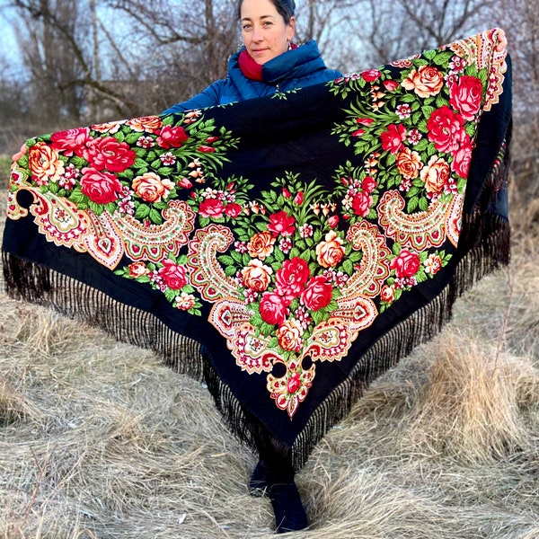 Large Ukrainian Black piano shawl - Russian floral scarf - folk shawl fringed kokum scarf Ukraine polish Slavic shawl with fringes