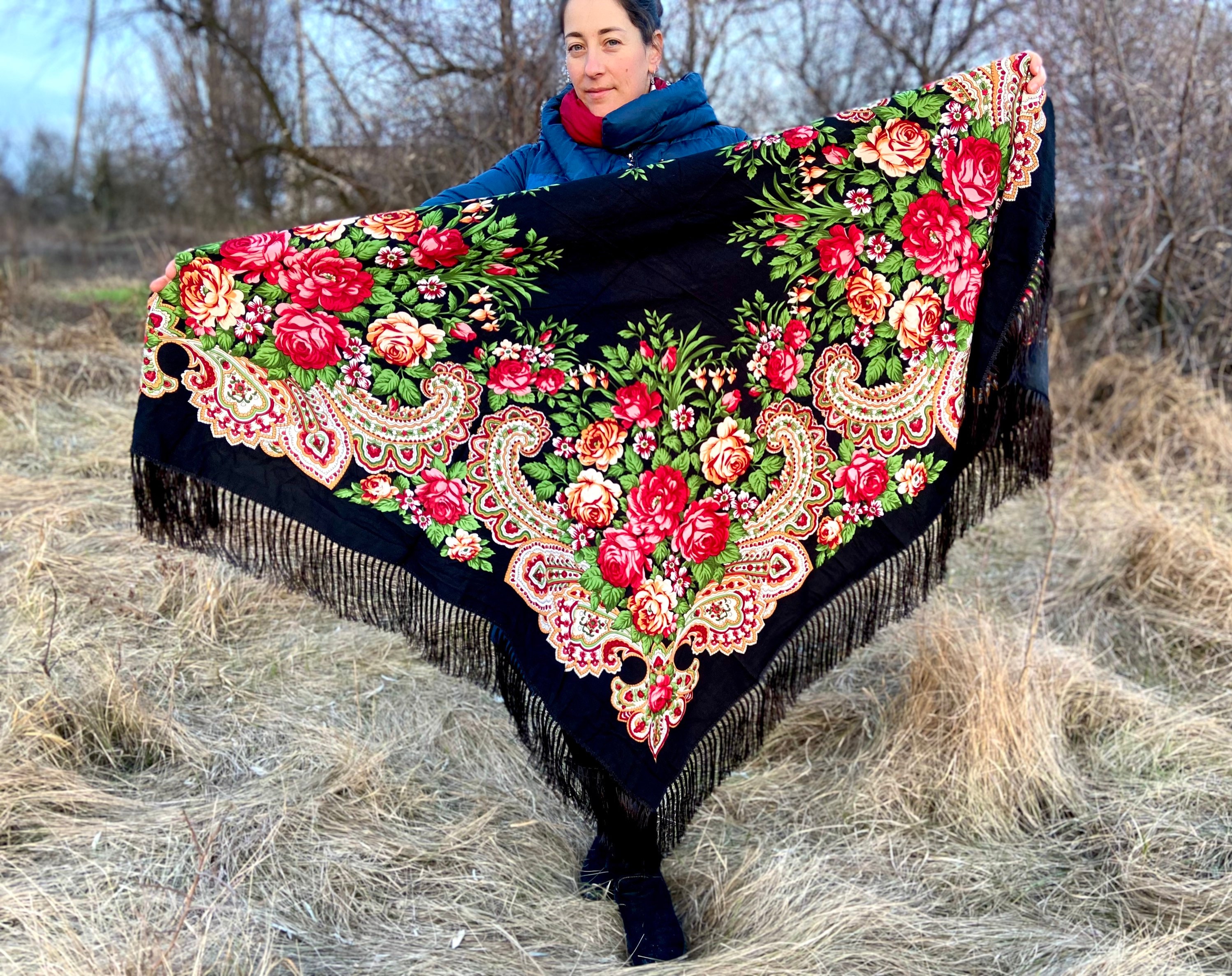 Large Ukrainian Black Piano Shawl - Russian Floral Scarf - Folk
