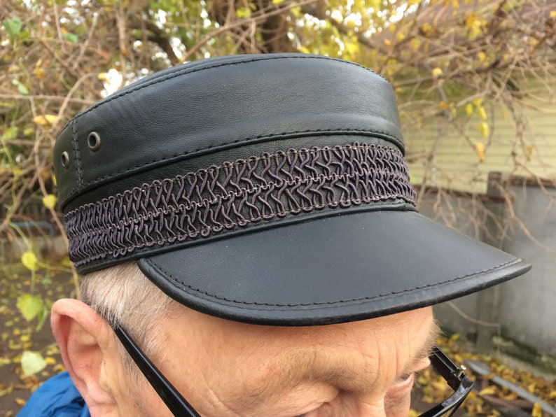 Officer Men's leather black Cap Hat with visor Etsy