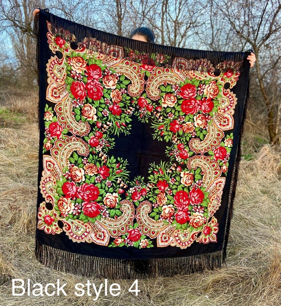 Ukrainian big Black piano shawl - Russian floral … - image 8