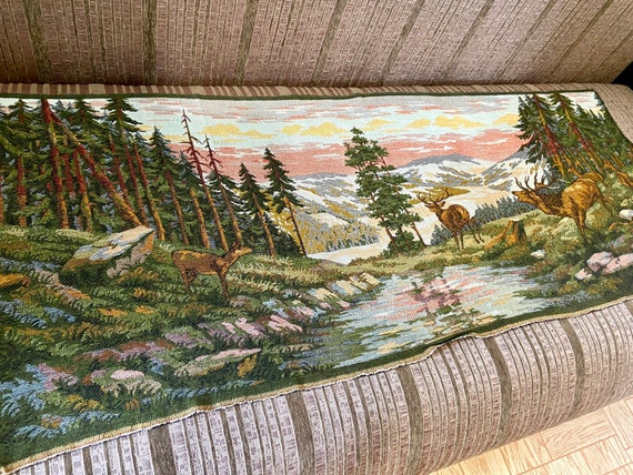 50s Vintage Tapestry With Deer, Forest Landscape German Soviet Carpet,  Cotton Rustic Carpet Kilim, Embroidered Tapestry Painting on Wall 