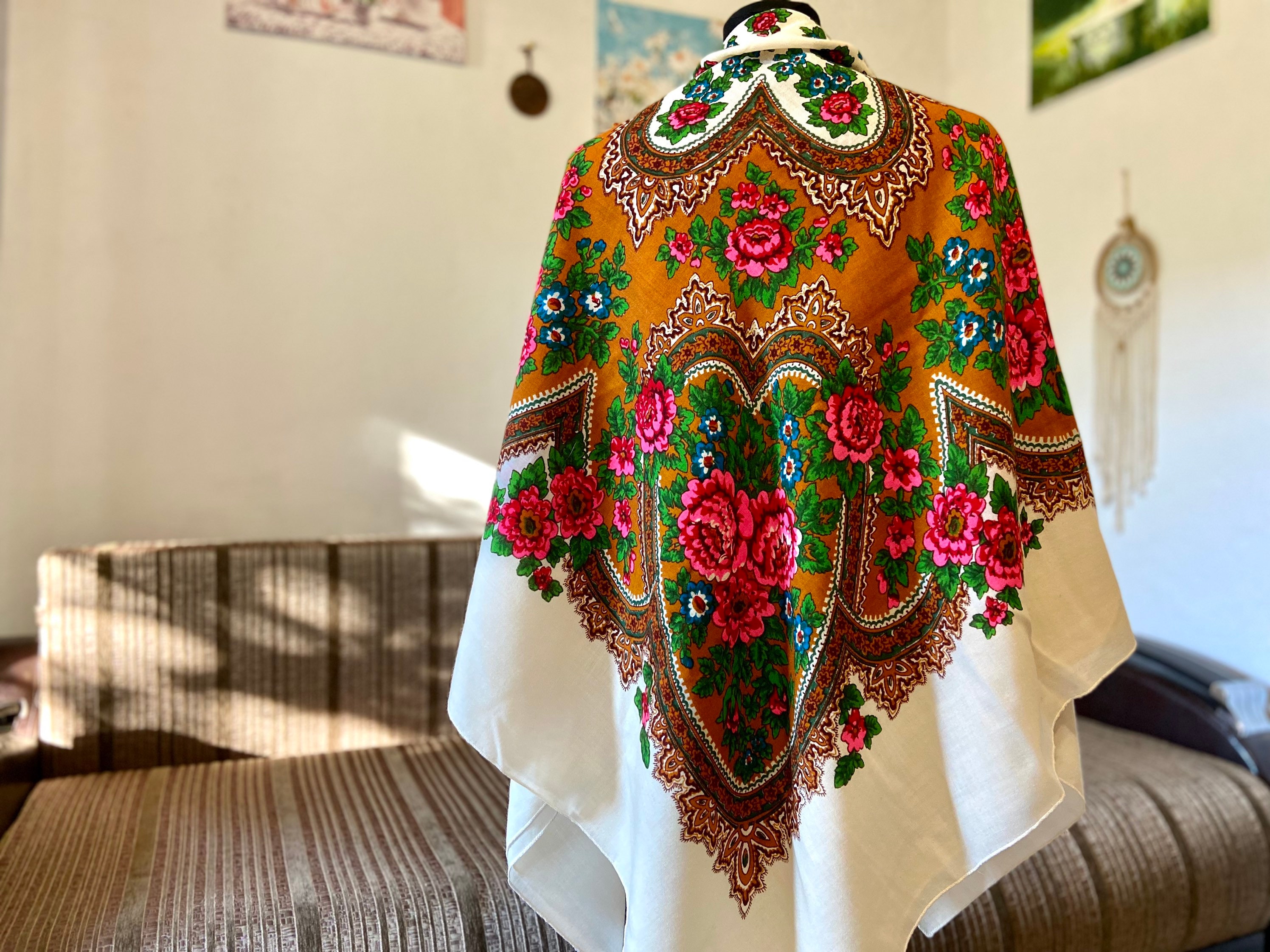 Large Wool Wedding Wrap, Oversized Ukrainian Folk Floral Scarf