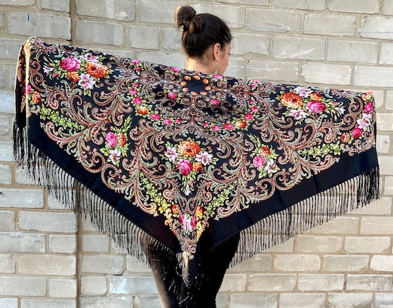 Ukrainian big Black piano shawl - Russian floral … - image 3