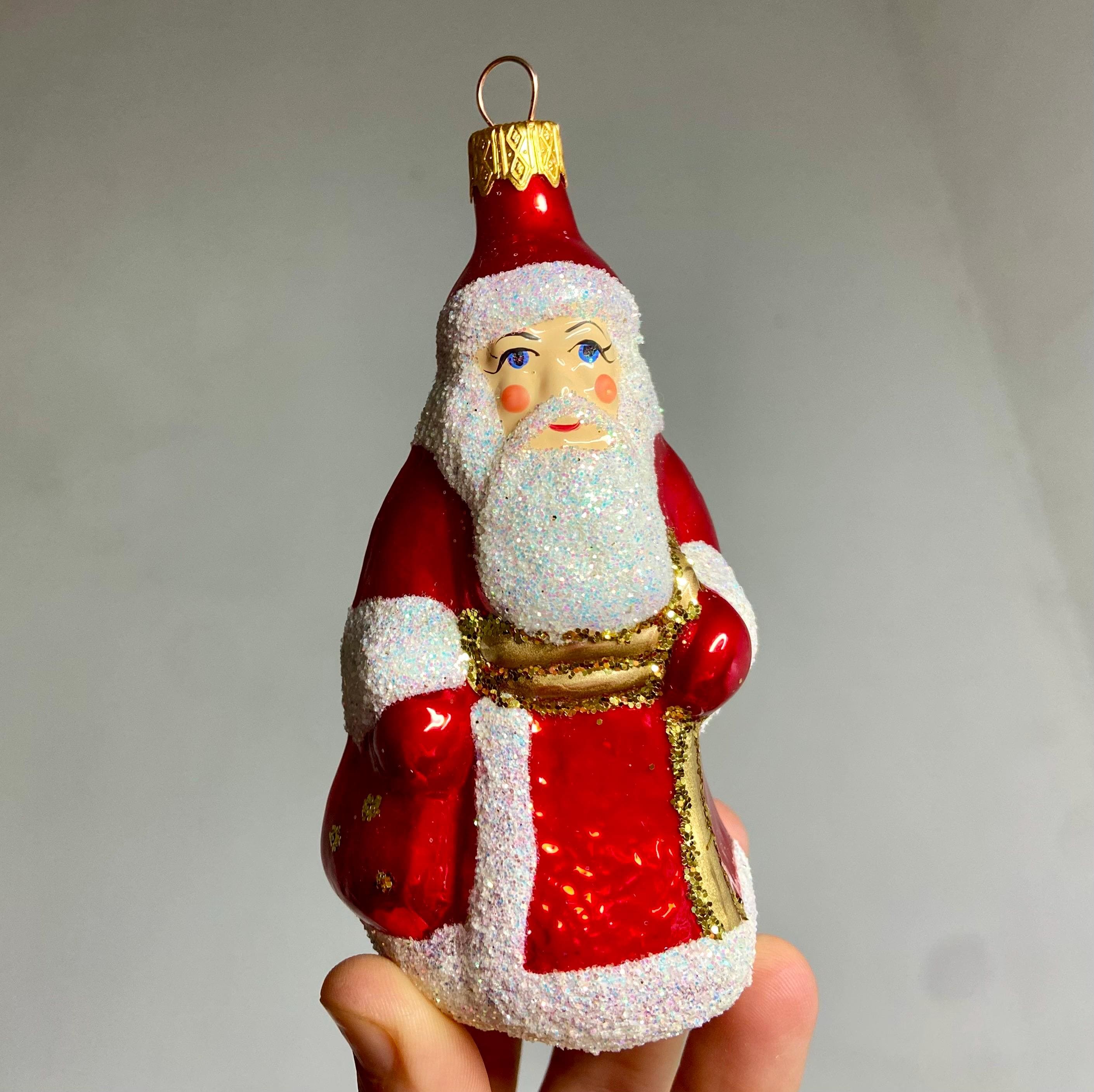 Snegurochka and Ded Moroz Ukrainian Glass Ornaments, Russian Santa