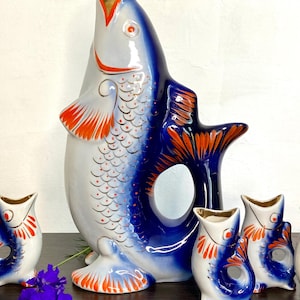 Ukrainian Drinking Set Fish Family - Porcelain cobalt Soviet Decanter rustic decor farmhouse tableware Vodka glasses crockery 70s USSR image 2