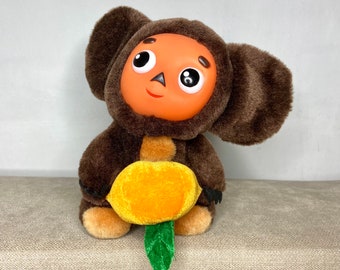 Cheburashka with orange plush vintage Soviet toy, Old Soviet Russian character, Collectible Russian toy, Ukrainian Sellers