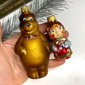 Masha Bear - Ukrainian glass ornament for Christmas tree, girl hand-painted ornament hand blown decor, Ukraine New Year&#39;s decorations
