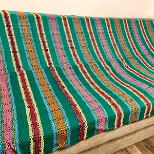 Ukrainian Vintage Folk cotton tapestry, tribal tapestry table cover, Slavic Polish geometric green bedspread, Ukraine boho couch cover