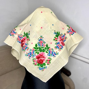Ukrainian folk art wedding white shawl, rustic floral bandana, russian babushka scarf, vintage Polish wrap, wool fabric, ukranian headskarf