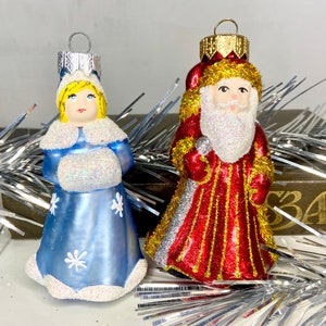 Snegurochka and Ded Moroz Ukrainian glass ornaments, Santa Claus and Snow Maiden mercury glass Russian ornaments, Ukraine Christmas gift