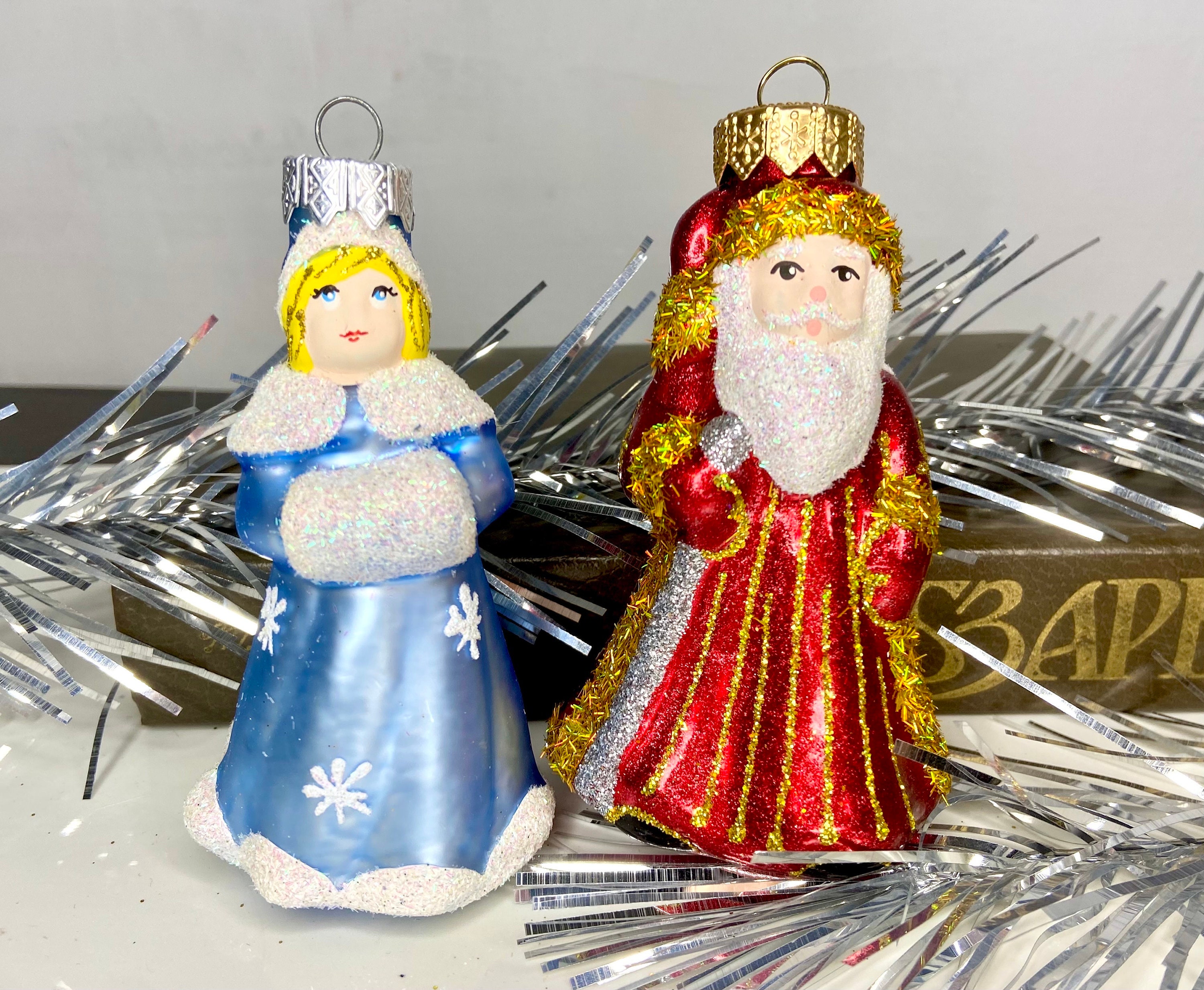 Snegurochka and Ded Moroz Ukrainian Glass Ornaments, Santa Claus