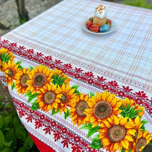 Ukrainian linen white tablecloth with sunflowers, Summer Slavic folk table decor, Ukraine stores, Ukrainian textile