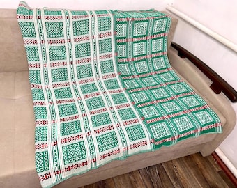 Oekraïens vintage volkskatoenen tapijt, tribal tapijt tafelkleed, Slavische Poolse geometrische groene sprei, Oekraïense boho bankhoes