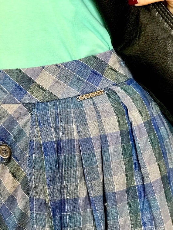 VINTAGE 80S BLUE GRAPHIC PRINT BOLD CARTOON SWING BUTTON DOWN MIDI SKIRT