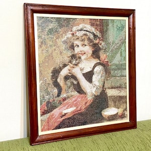 Embroidered Ukrainian picture girl with kitten in vintage style, framed cross-stitched picture in living room, Ukraine Christmas gift