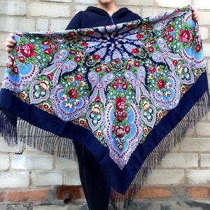 Русский фортепианный платок - польская синяя шаль - народная украинская шаль с бахромой, польская шаль, цветочная народная скатерть