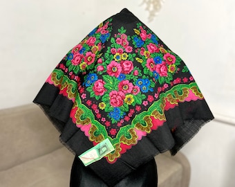 Vintage black woolen kokum scarf, Ukrainian Winter wedding shawl, Boho bridal polish headscarf, slavic womens head scarf, bandana