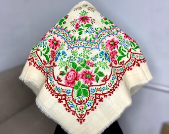 Folk Vintage white Ukrainian head bandana, romanian boho Russian Floral Scarf, Babushka shawls and wraps, Slavic folk shawl