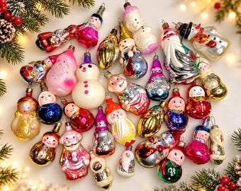 70s Soviet Vintage Mercury Christmas Ornaments, Snow Maiden Santa