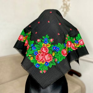 100% wool Vintage russian floral shawl, Retro Polish scarf, Romanian Slavic head wrap, mexico women boho shawl, black Ukraine floral fabric