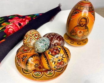 Ukrainische Volkskunst Ostereier handbemalt, hölzernes bemaltes dekoratives Petrakov-Ei, Geschenk aus der Ukraine, Vintage traditionelles Pysanky