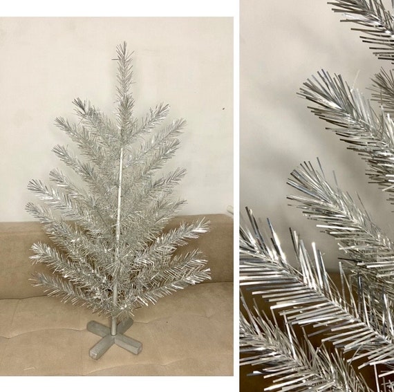 50s Vintage Metal Aluminum Silver Christmas tree, mid-century Soviet tinsel Taper Tree, evergleam Xtmas Holiday artificial Tree