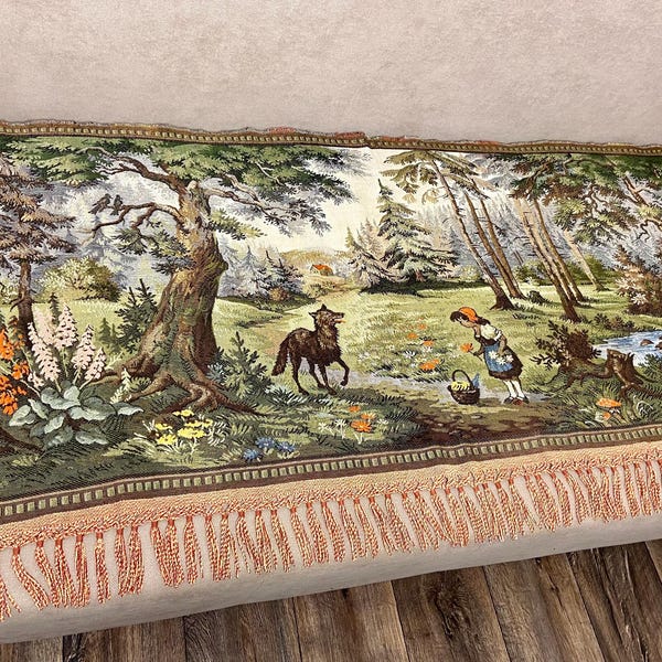 Vintage German cotton wall tapestry fairy tale little red riding hood, GDR tapestry 70s boho decor boho fairy tale brothers Grim