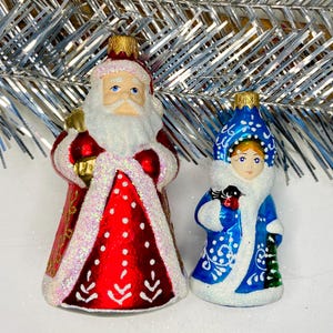 Snegurochka and Ded Moroz Ukrainian glass ornaments, russian Santa Claus and Snow Maiden mercury glass ornaments, Ukraine Christmas gift