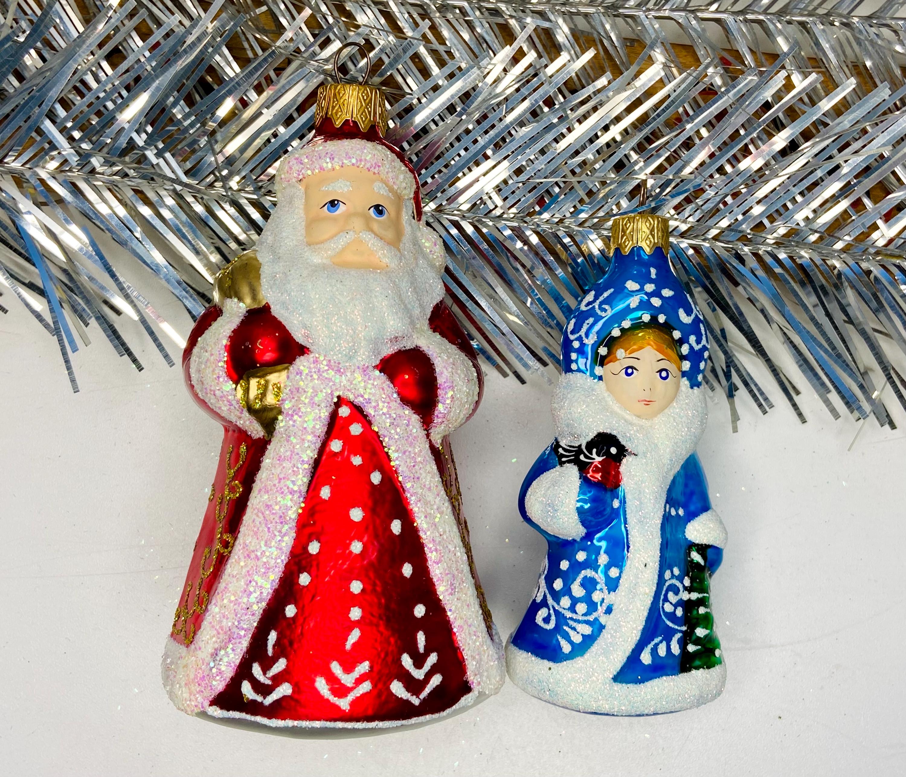 Snegurochka and Ded Moroz Ukrainian Glass Ornaments, Russian Santa