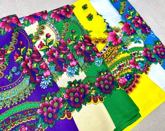 Ukrainian Vintage blue bandana, Slavic Babushka floral scarf, Polish boho top headscarf, kokum masani wrap, pavlovo posad shawl